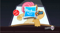 Size: 500x280 | Tagged: safe, edit, edited screencap, screencap, babs seed, button mash, earth pony, pony, fighting is magic, g4, one bad apple, season 3, cease and desist, cinema, colt, female, filly, foal, hasbro, hasbro logo, logo, lucifer hasbro, male, stop sign, the hub