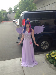 Size: 1936x2592 | Tagged: safe, artist:arcticshadowfox, twilight sparkle, human, g4, bare shoulders, clothes, cosplay, costume, cutie mark on clothes, everfree northwest, everfree northwest 2014, irl, irl human, long dress, photo, sleeveless, solo