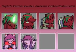 Size: 1208x832 | Tagged: safe, artist:skydreams, oc, oc only, oc:ambrosia firehoof, oc:satin petals, pegasus, pony, unicorn, blushing, drool, ear blush, embarrassed, emoji, emotes, fire, heart, hug, male, patreon, patreon reward, sad, stallion, unshorn fetlocks, yay