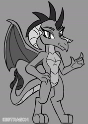 Size: 1280x1811 | Tagged: safe, artist:iestragon, princess ember, dragon, g4, dragoness, female, grayscale, looking at you, monochrome, solo