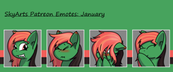 Size: 1200x500 | Tagged: safe, artist:skydreams, oc, oc only, oc:mint chaser, pegasus, pony, blushing, ear blush, fangs, female, giggling, grin, hiding behind mane, patreon, patreon reward, scrunchy face, smiling
