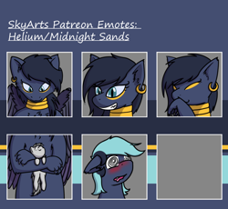 Size: 904x831 | Tagged: safe, artist:skydreams, oc, oc only, oc:helium star, oc:midnight sands, bat pony, pony, sphinx, blushing, ear piercing, earring, emotes, fangs, grin, holding a pony, hypnosis, hypnotized, jewelry, makeup, necklace, patreon, patreon reward, piercing, smiling