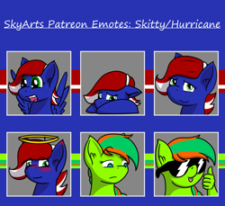 Size: 907x832 | Tagged: safe, artist:skydreams, oc, oc only, oc:hurricane, oc:skitty, pegasus, pony, :p, disguise, disguised changeling, emoji, emotes, excited, flop, halo, innocent, patreon, patreon reward, smiling, smirk, spread wings, suddenly hands, sunglasses, thumbs up, tongue out, wings