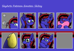 Size: 1202x833 | Tagged: safe, artist:skydreams, oc, oc only, oc:skitzy, pegasus, pony, blowing bubbles, drool, embarrassed, emoji, emotes, excited, giggling, glasses, heart, hmm, patreon, patreon reward, raised hoof
