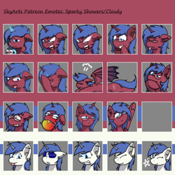 Size: 1500x1500 | Tagged: safe, artist:skydreams, oc, oc only, oc:cloudy night, oc:sparky showers, alicorn, bat pony, bat pony alicorn, pony, :p, angry, bat wings, blue screen of death, blushing, coffee mug, dead, disgusted, drool, ear blush, ear piercing, earring, emoji, emotes, excited, facehoof, fangs, flop, food, glasses, hmm, horn, hypnosis, hypnotized, jewelry, magic, mango, mug, one eye closed, patreon, patreon reward, piercing, pointing, sleepy, smiling, telekinesis, tired, tongue out, wings, wink, x eyes
