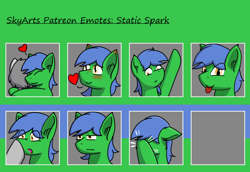 Size: 1202x827 | Tagged: safe, artist:skydreams, oc, oc only, oc:staticspark, changeling, :p, blushing, boop, deadpan, disguise, disguised changeling, ear blush, emoji, emotes, facehoof, heart, hug, love, male, patreon, patreon reward, pointing, stallion, tongue out
