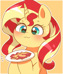 Size: 2897x3400 | Tagged: safe, artist:leo19969525, sunset shimmer, pony, unicorn, g4, :3, bacon, bacon hair, blushing, cute, female, food, green eyes, high res, horn, mare, meat, omnivore sunset, ponies eating meat, shimmerbetes, simple background, solo, subversion, subverted meme, sunset wants her old digestive system back, yellow background