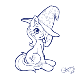Size: 640x640 | Tagged: safe, artist:gloompone, trixie, pony, unicorn, g4, blush sticker, blushing, clothes, cute, diatrixes, ear fluff, female, hat, lineart, monochrome, sitting, solo, stars, tail, trixie's hat