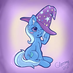 Size: 640x640 | Tagged: safe, artist:gloompone, trixie, pony, unicorn, g4, blush sticker, blushing, clothes, cute, diatrixes, ear fluff, female, hat, signature, sitting, solo, stars, tail, trixie's hat