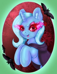 Size: 640x822 | Tagged: safe, artist:gloompone, trixie, bat, pony, unicorn, g4, cape, clothes, cute, diatrixes, eye mist, female, horn, red eyes, solo