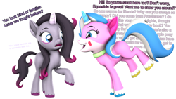 Size: 1920x1080 | Tagged: safe, artist:pika-robo, oleander (tfh), pony, unicorn, them's fightin' herds, g4, 3d, blue eyes, collar, community related, confused, crossover, cute, cute little fangs, dialogue, duo, duo female, excited, eyebrows, fangs, female, frown, happy, implied arizona, lego, looking at each other, looking at someone, mare, mythology gag, open mouth, open smile, pink text, ponified, purple text, raised hoof, raised leg, revamped ponies, side view, simple background, smiling, source filmmaker, style emulation, talking, tara strong, unikitty, unikitty!, voice actor joke, white background