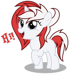 Size: 3170x3370 | Tagged: safe, artist:strategypony, oc, oc only, oc:stock piston, pony, unicorn, blank flank, cute, daaaaaaaaaaaw, dialogue, female, filly, foal, greeting, hi, high res, horn, ocbetes, raised hoof, simple background, text, transparent background, unicorn oc, younger