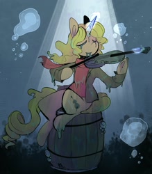 Size: 2531x2892 | Tagged: safe, artist:urbanqhoul, oc, oc only, oc:sonet soulsong, pony, undead, unicorn, barrel, bubble, high res, magic, musical instrument, sitting, solo, underwater, violin