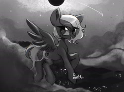 Size: 2732x2048 | Tagged: safe, artist:rottengotika, oc, oc only, oc:midnight note, pegasus, pony, cloud, eclipse, female, flying, grin, high res, looking at you, mare, monochrome, pegasus oc, signature, sky, smiling, smiling at you, solo, spread wings, stars, wings