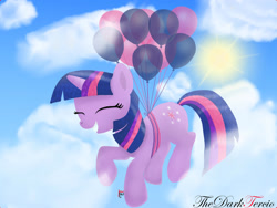 Size: 1600x1200 | Tagged: safe, artist:thedarktercio, twilight sparkle, pony, unicorn, g4, balloon, behaving like pinkie pie, cute, eyes closed, female, floating, grin, smiling, solo, then watch her balloons lift her up to the sky, unicorn twilight