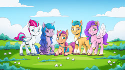 Size: 1920x1080 | Tagged: safe, artist:mysticalpha, hitch trailblazer, izzy moonbow, pipp petals, sunny starscout, zipp storm, earth pony, pegasus, pony, unicorn, g5, badge, bracelet, cloud, female, friendship bracelet, grass, jewelry, looking at you, lying down, male, mane five, mare, raised hoof, sheriff's badge, sitting, smiling, spread wings, stallion, unshorn fetlocks, wings