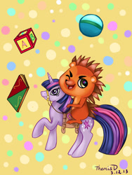 Size: 600x800 | Tagged: safe, artist:themisdolorous, twilight sparkle, hedgehog, pony, unicorn, g4, ball, block, book, crossover, duo, female, littlest pet shop, male, mare, riding, russell ferguson, unicorn twilight