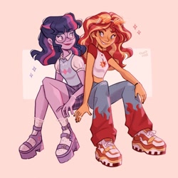 Size: 1440x1440 | Tagged: safe, artist:thwiprose, sci-twi, sunset shimmer, twilight sparkle, equestria girls, abstract background, argyle, bracelet, clothes, cutie mark on clothes, duo, duo female, ear piercing, earring, female, frilly socks, geode of empathy, geode of telekinesis, glasses, grin, jeans, jewelry, lesbian, looking at each other, looking at someone, magical geodes, midriff, necklace, pants, piercing, plaid skirt, ring, ripped jeans, ripped pants, round glasses, sandals, scitwishimmer, shipping, shoes, short shirt, sitting, skirt, smiling, sneakers, socks, sparkles, sunglasses, sunglasses on head, sunsetsparkle, torn clothes, vest