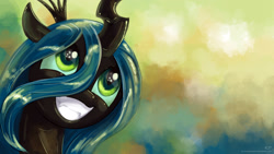 Size: 1920x1080 | Tagged: safe, alternate version, artist:kp-shadowsquirrel, queen chrysalis, changeling, changeling queen, g4, bust, female, grin, portrait, smiling, solo, wallpaper