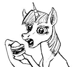 Size: 533x478 | Tagged: safe, artist:necromarecy, twilight sparkle, pony, unicorn, g4, burger, eyebrows, eyelashes, female, food, grayscale, hoers, hoof hold, horn, mare, monochrome, open mouth, simple background, solo, twilight burgkle, white background