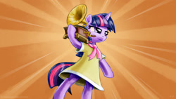Size: 1920x1080 | Tagged: safe, alternate version, artist:kp-shadowsquirrel, twilight sparkle, pony, unicorn, g4, sweet and elite, bipedal, birthday dress, clothes, dress, female, gramophone, mare, phonograph, record player, ribbon bow tie, solo, standing, unicorn twilight, wallpaper