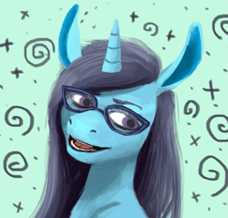 Size: 1021x978 | Tagged: safe, artist:necromarecy, oc, oc only, pony, unicorn, abstract background, bust, glasses, portrait, smiling, solo