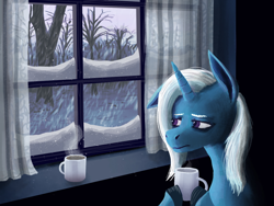 Size: 1600x1200 | Tagged: safe, alternate version, artist:necromarecy, trixie, pony, unicorn, g4, cup, looking out the window, mug, one ear down, sad, snow, solo, the sad and depressive trixie, tree, window, winter