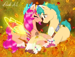 Size: 2048x1536 | Tagged: safe, artist:pearl a.g, hitch trailblazer, sunny starscout, alicorn, earth pony, pony, g5, my little pony: a new generation, artificial horn, artificial wings, augmented, autumn, autumn leaves, blaze (coat marking), blushing, bracelet, coat markings, duo, eyes closed, facial markings, female, folded wings, horn, jewelry, leaves, looking at someone, magic, magic horn, magic wings, male, mare, open mouth, pegasus crystal, pendant, race swap, ship:starblazer, shipping, smiling, socks (coat markings), stallion, straight, sunnycorn, tiara, unicorn crystal, wings