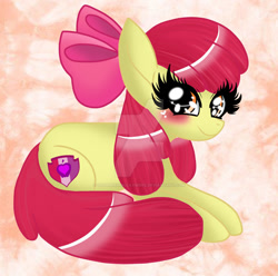 Size: 1024x1015 | Tagged: safe, artist:shadowiesart, apple bloom, earth pony, pony, g4, adorabloom, blushing, cute, deviantart watermark, female, filly, foal, looking at you, obtrusive watermark, sitting, smiling, solo, the cmc's cutie marks, watermark