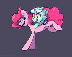 Size: 3144x2500 | Tagged: safe, artist:yarugreat, lyra heartstrings, pinkie pie, earth pony, pony, unicorn, g4, crying, dungeons and dragons, high res, multiple heads, pen and paper rpg, rpg, running, shocked, shocked expression, shocked eyes, simple background, smiling, solo, two heads, two heads are better than one, wat