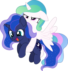 Size: 3956x4145 | Tagged: safe, artist:pencil_draw_indo, artist:starcollider, princess celestia, princess luna, alicorn, pony, g4, .svg available, :d, :t, absurd resolution, base used, celestia is not amused, cewestia, duo, duo female, female, filly, flying, folded wings, holding a pony, open mouth, open smile, royal sisters, siblings, simple background, sisters, smiling, svg, transparent background, unamused, vector, wings, woona, younger