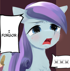 Size: 1381x1384 | Tagged: safe, artist:some_ponu, sapphire joy, crystal pony, pony, g4, blushing, crying, dialogue, emoji, female, i forgor, meme, open mouth, skull, skull and crossbones, solo, speech bubble, ☠️, 💀