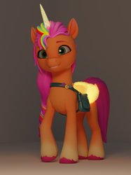 Size: 768x1028 | Tagged: safe, anonymous artist, sunny starscout, alicorn, earth pony, pony, g5, my little pony: a maretime bay adventure, 3d, 3d model, alicornified, artificial horn, artificial wings, augmented, bag, blender, coat markings, female, folded wings, horn, magic, magic horn, magic wings, mare, pins, race swap, saddle bag, smiling, socks (coat markings), solo, sunnycorn, unshorn fetlocks, wings