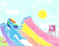Size: 3300x2552 | Tagged: safe, rainbow dash, pegasus, pony, bronycon, bronycon 2019, g4, baltimore, charity, convention, flcl, high res, pillow, ponyville town hall, rainbow trail, solo, sun, traditional art