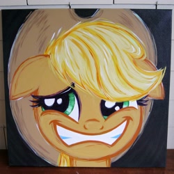 Size: 2000x2000 | Tagged: safe, artist:kp-shadowsquirrel, applejack, earth pony, pony, g4, party of one, acrylic painting, applejack is best facemaker, bad poker face, bust, high res, liarjack, looking away, portrait, solo, traditional art