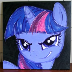 Size: 2000x2000 | Tagged: safe, artist:kp-shadowsquirrel, twilight sparkle, pony, a bird in the hoof, g4, >:), acrylic painting, bust, evil grin, evil twilight, grin, high res, rapeface, smiling, smirk, solo, traditional art