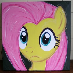 Size: 2000x2000 | Tagged: safe, artist:kp-shadowsquirrel, fluttershy, pony, a bird in the hoof, g4, acrylic painting, bust, frown, high res, looking at you, portrait, solo, traditional art