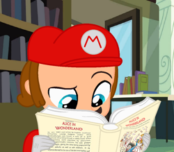 Size: 944x828 | Tagged: safe, artist:favoriteartman, artist:starchase-bases, artist:user15432, human, equestria girls, g4, alice, alice in wonderland, barely eqg related, base used, book, bookshelf, cap, clothes, crossover, equestria girls style, equestria girls-ified, fairy tale, gloves, hat, library, male, mario, mario's hat, reading, shirt, solo, super mario bros., undershirt