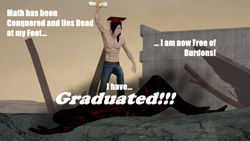 Size: 3840x2160 | Tagged: safe, artist:mr-wolfapex, oc, oc only, oc:kurt marek (electro-crit), anthro, 3d, blood, clothes, graduation, graduation cap, hat, high res, male, partial nudity, ruins, text, topless, victory