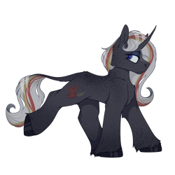 Size: 2300x2300 | Tagged: safe, artist:molars, oc, oc only, oc:velvet remedy, classical unicorn, pony, unicorn, fallout equestria, black fur, cloven hooves, eyeshadow, fallout, high res, horn, leonine tail, long mane, makeup, redesign, simple background, solo, transparent background, unshorn fetlocks