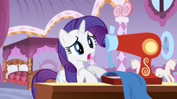 Size: 1280x720 | Tagged: safe, screencap, rarity, pony, unicorn, g4, season 1, stare master, bedroom, carousel boutique, female, mannequin, mare, sewing, sewing machine, table