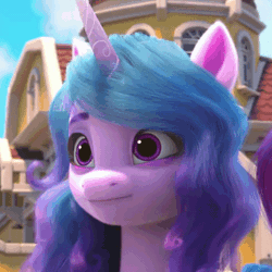 Size: 490x490 | Tagged: safe, screencap, izzy moonbow, pipp petals, pegasus, pony, unicorn, g5, my little pony: make your mark, my little pony: make your mark chapter 1, spoiler:my little pony: make your mark, animated, cropped, cute, duo, duo female, ear flick, female, gif, i watch it for the ears, izzybetes, mare, offscreen character, solo focus