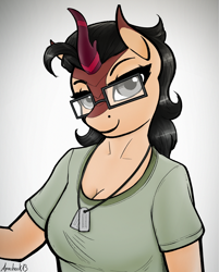 Size: 2480x3080 | Tagged: safe, artist:apocheck13, oc, oc only, oc:hexen, kirin, anthro, anthro oc, breasts, bust, clothes, dog tags, eyebrows, female, glasses, gradient background, gray eyes, high res, kirin oc, looking at you, reasonably sized breasts, shirt, signature, smiling, smiling at you, solo
