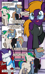 Size: 1920x3168 | Tagged: safe, artist:alexdti, rarity, oc, oc:brainstorm (alexdti), oc:purple creativity, oc:star logic, pegasus, pony, unicorn, comic:quest for friendship, g4, clothes, comic, dialogue, dress, ears back, eyes closed, female, folded wings, glasses, grammar error, high res, horn, looking at each other, looking at someone, male, mare, open mouth, open smile, pegasus oc, raised hoof, raised leg, smiling, speech bubble, stallion, tail, two toned mane, two toned tail, unicorn oc, wings