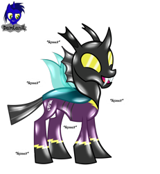 Size: 3840x4154 | Tagged: safe, artist:damlanil, changeling, latex pony, original species, rubber pony, g4, clothes, costume, happy, latex, latex skin, male, onomatopoeia, open mouth, open smile, rubber, rubber changeling, shadowbolts, shadowbolts costume, shiny, show accurate, simple background, smiling, solo, squeak, standing, transparent background, uniform, vector