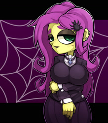 Size: 1543x1763 | Tagged: safe, artist:kyouman1010, fluttershy, human, equestria girls, g4, alternate hairstyle, arm under breasts, big breasts, black background, breasts, busty fluttershy, clothes, ear piercing, earring, eyeshadow, female, fluttergoth, gem, goth, jacket, jewelry, looking at you, makeup, necklace, piercing, simple background, solo, spider web