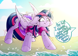 Size: 4128x2980 | Tagged: safe, artist:rico_chan, twilight sparkle, alicorn, pony, g4, :t, adorable distress, beach, cute, floppy ears, hydrophobia, inner tube, offscreen character, scared, shrunken pupils, sketch, solo, speech bubble, sweat, sweatdrops, trembling, twiabetes, twilight sparkle (alicorn), water, water wings