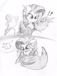 Size: 3301x4402 | Tagged: safe, artist:zemer, oc, oc:alsephina, oc:hyra glyph, oc:lug nut, pony, dead space, dialogue, female, grin, mare, monochrome, pencil drawing, smiling, talking, traditional art, wing hands, wings