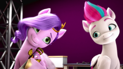 Size: 1920x1080 | Tagged: safe, screencap, pipp petals, zipp storm, pegasus, pony, g5, my little pony: make your mark, my little pony: make your mark chapter 1, spoiler:my little pony: make your mark, duo, female, head tilt, looking at each other, looking at someone, mare, microphone, royal sisters (g5), siblings, sisters, smiling