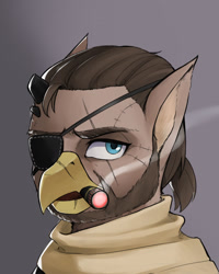 Size: 1280x1601 | Tagged: safe, artist:kaiser-sauce, oc, oc only, griffon, pony, big boss, clothes, electronic cigarette, eyepatch, griffon oc, male, metal gear, ponified, scar, smoking, solo, stallion, venom snake